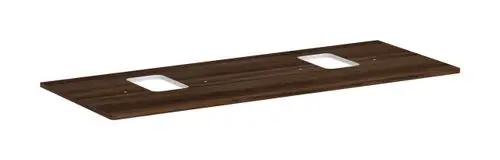 Dunkles Holzbrett mit zwei rechteckigen Ausschnitten, geeignet für eine Waschtischinstallation. Hersteller: Hansgrohe.